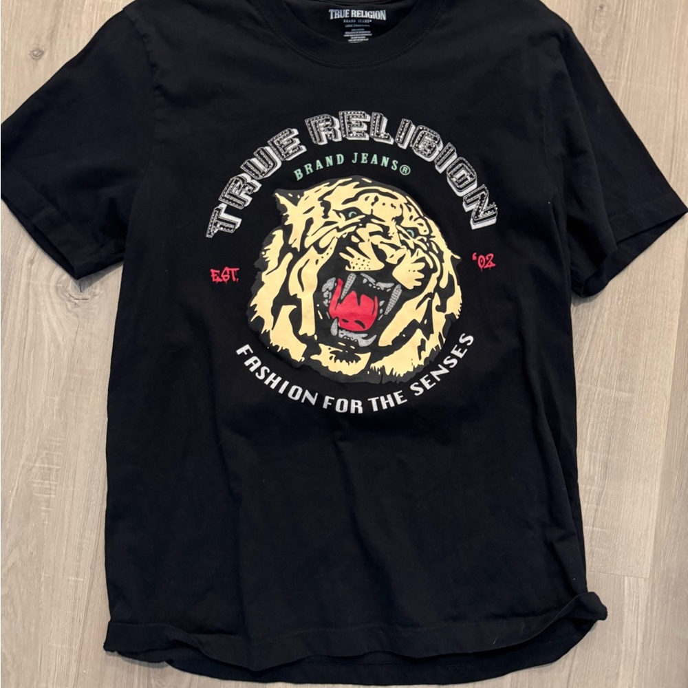 True Religion Black Short Sleeve Tee with Bold Tiger Design